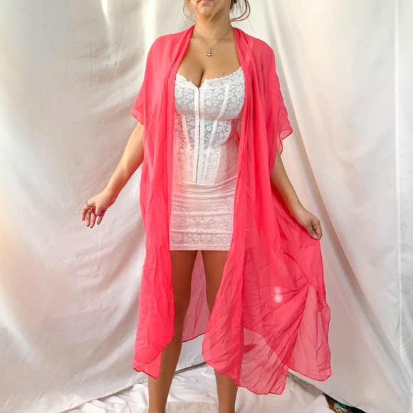 Pink coral chiffon mesh long maxi cardigan duster kimono - Picture 3 of 4